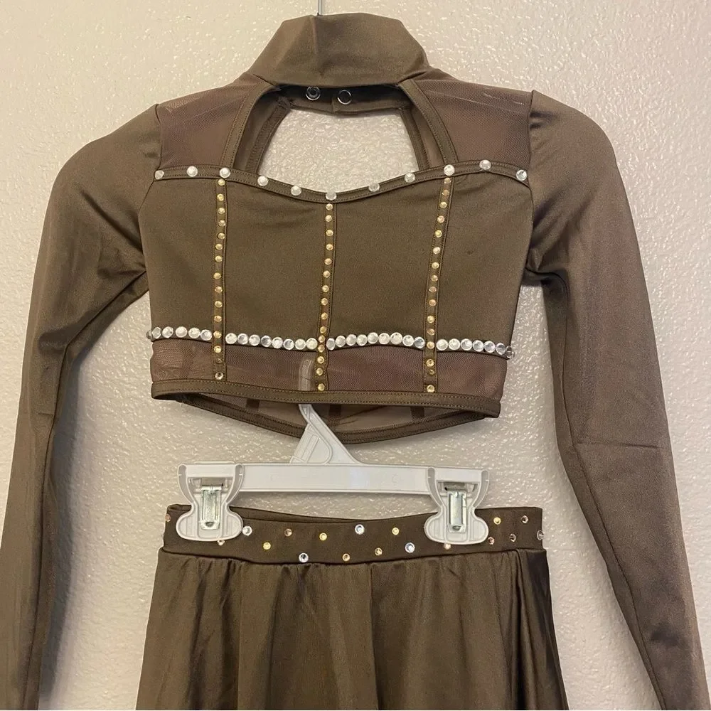 Weissman custom solo dance costume 2 piece brown maxi skirt caged top SH12603 IC